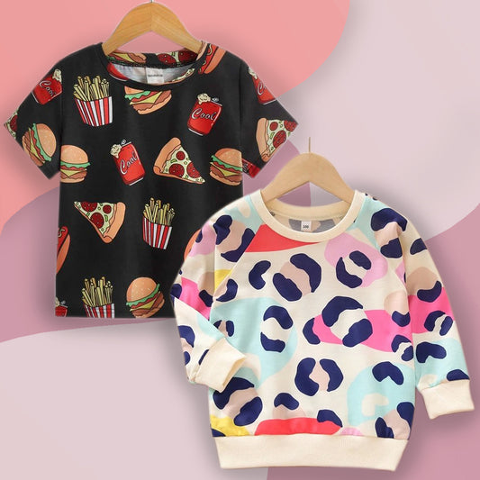 VENUTALOZA Food Print Scoop & Autumn Solid Plus Graphic (Combo Pack of 2) T-shirt For Boys & Girl..