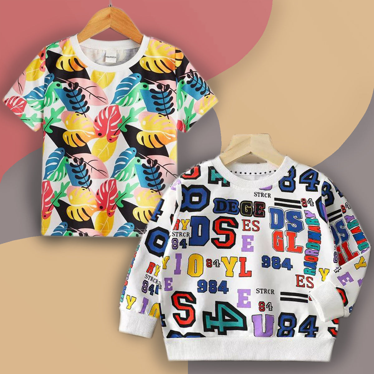 VENUTALOZA Tropical Print & Letters Print Neck Color Block Full Sleeve (Combo Pack of 2) T-shirt For Boy's.