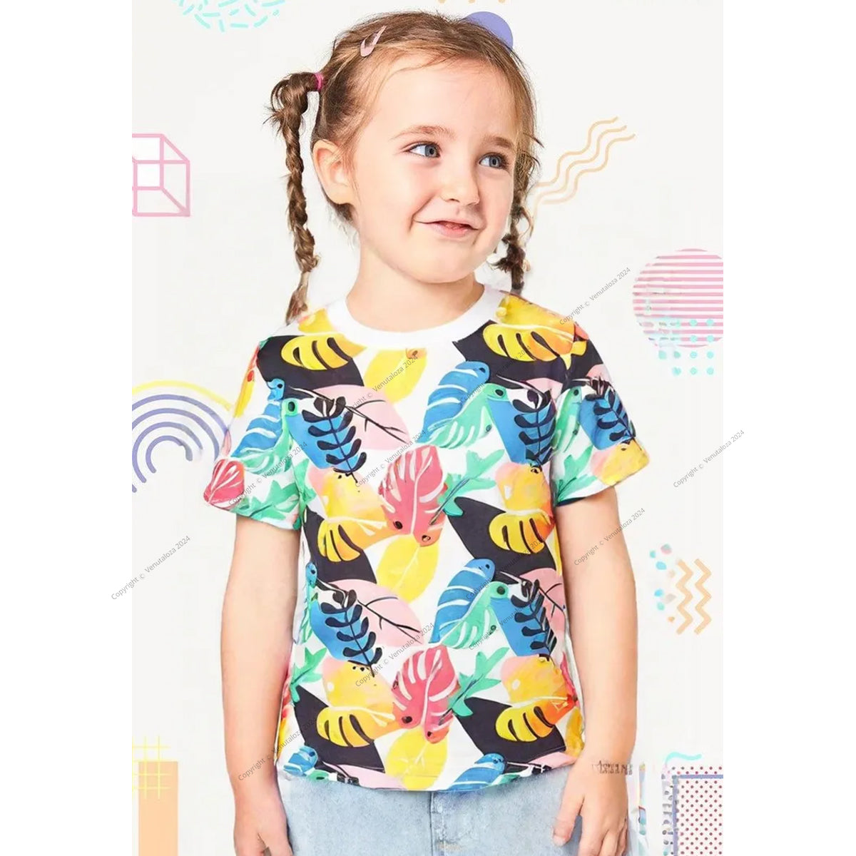 Venutaloza Tropical Print Neck Color Block T-Shirt For Baby Girl's.