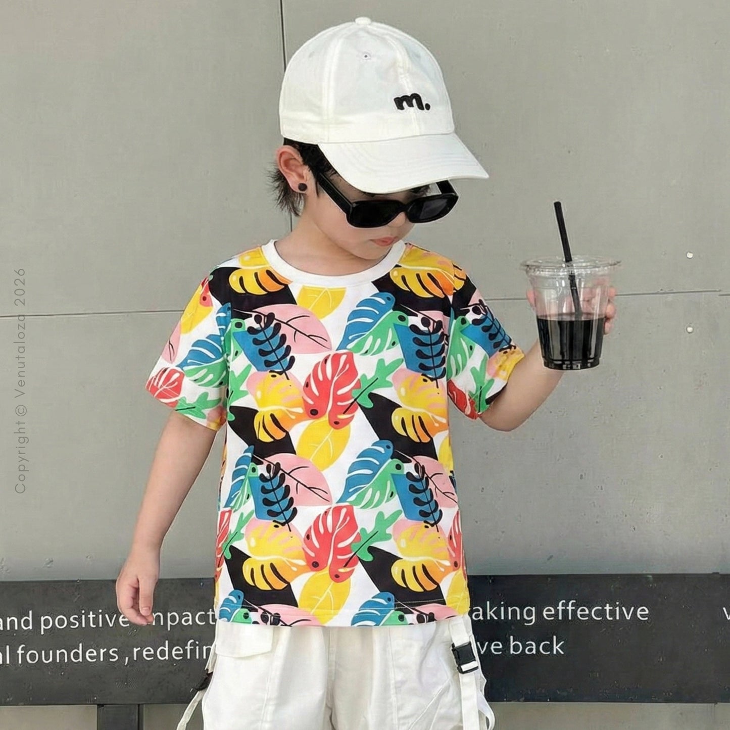 Venutaloza Toddler Boy's Tropical Print Neck Color Block T-Shirt For Boy's & Girl's..