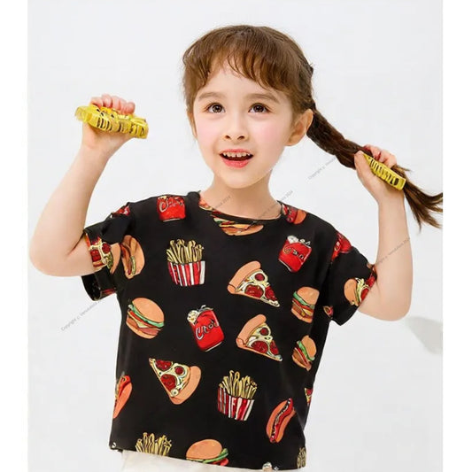 Venutaloza Food Print Scoop Neck Color Block T-Shirt For Baby Girl's..