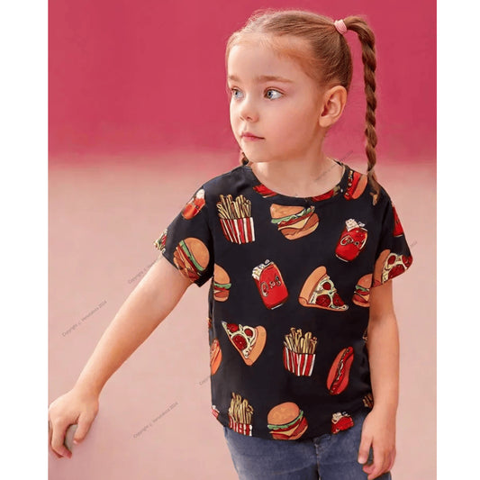 Venutaloza Food Print Scoop Neck Color Block T-Shirt For Baby Girl's..