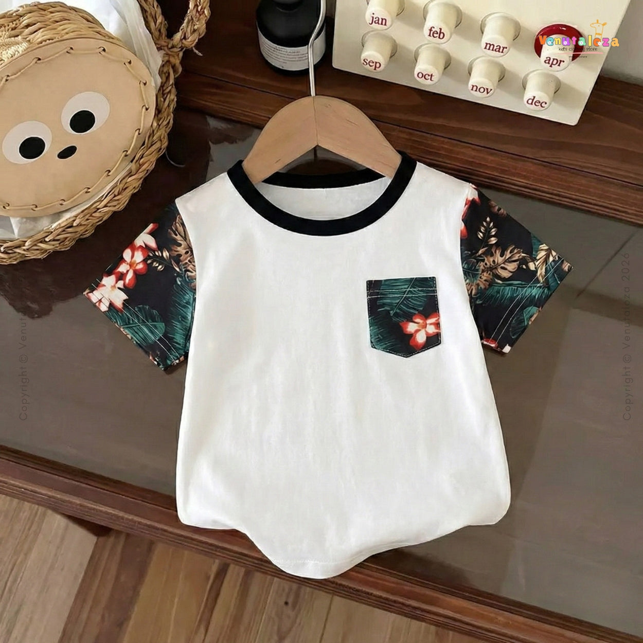 Venutaloza Toddler Boy's Tropical Print Panel Patch Pocket T-Shirt For Boy's & Girl's..