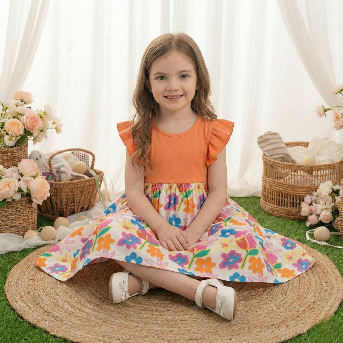 Floral Print Butterfly Sleeve Designer Dresses & Frocks for Baby Girl.
