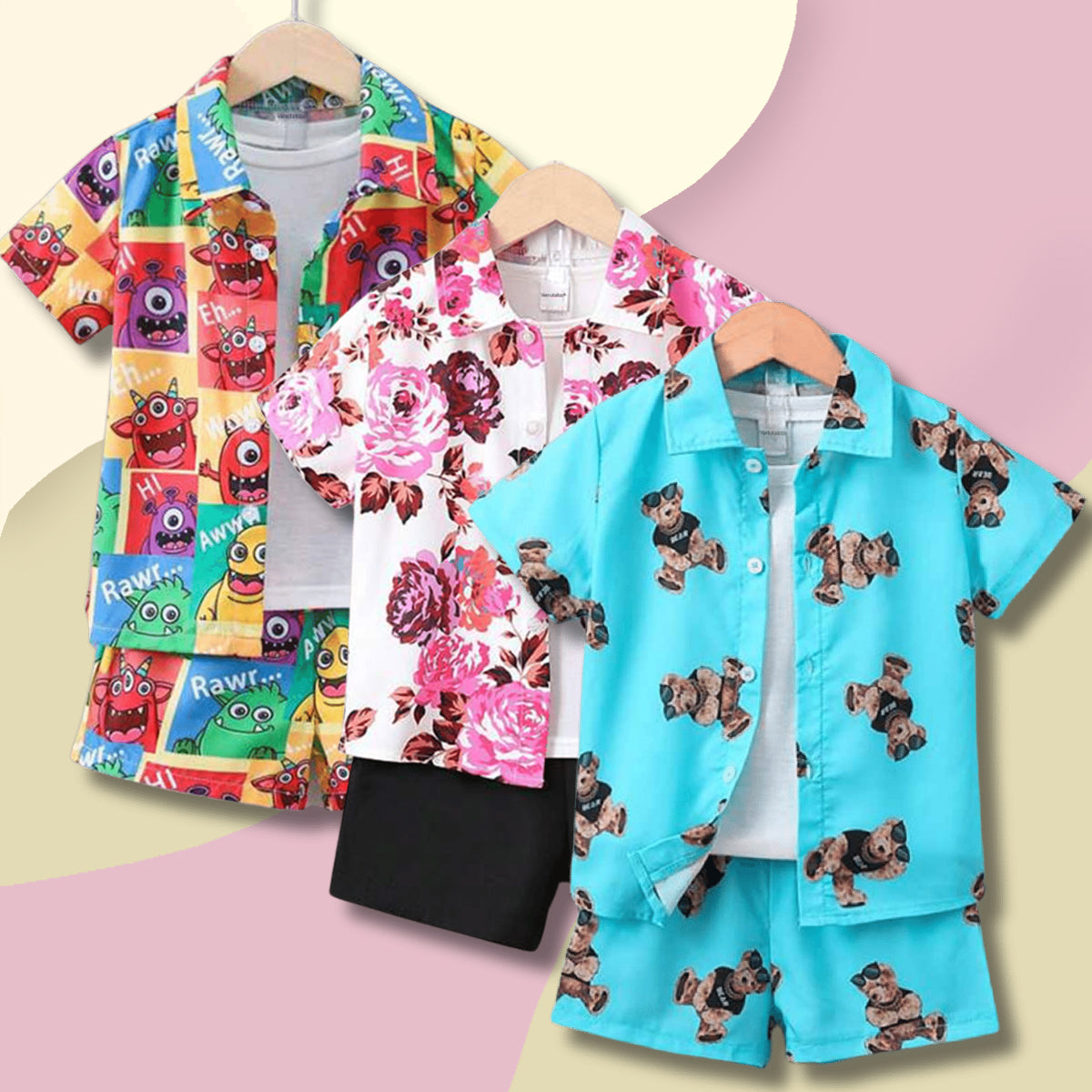 Venutaloza Baby Set Floral & Bear and Cartoon Graphic (Combo Pack Of 3) Casual Printed Shirt & Shorts Without tee Two Piece Set For Boy & Girls.