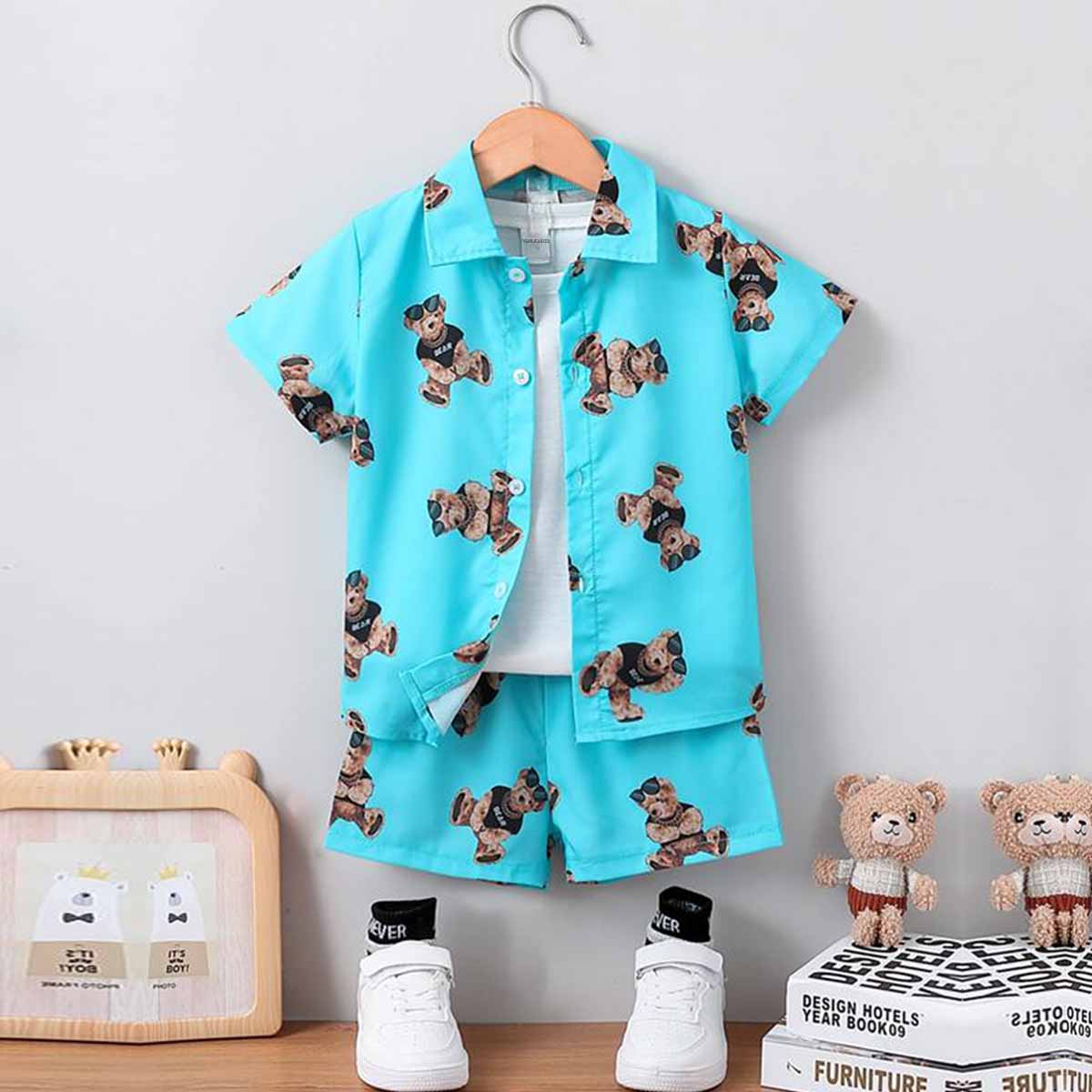 Venutaloza Toddler Boys Bear Graphic Print Shirt & Shorts Without tee Two Piece Set.