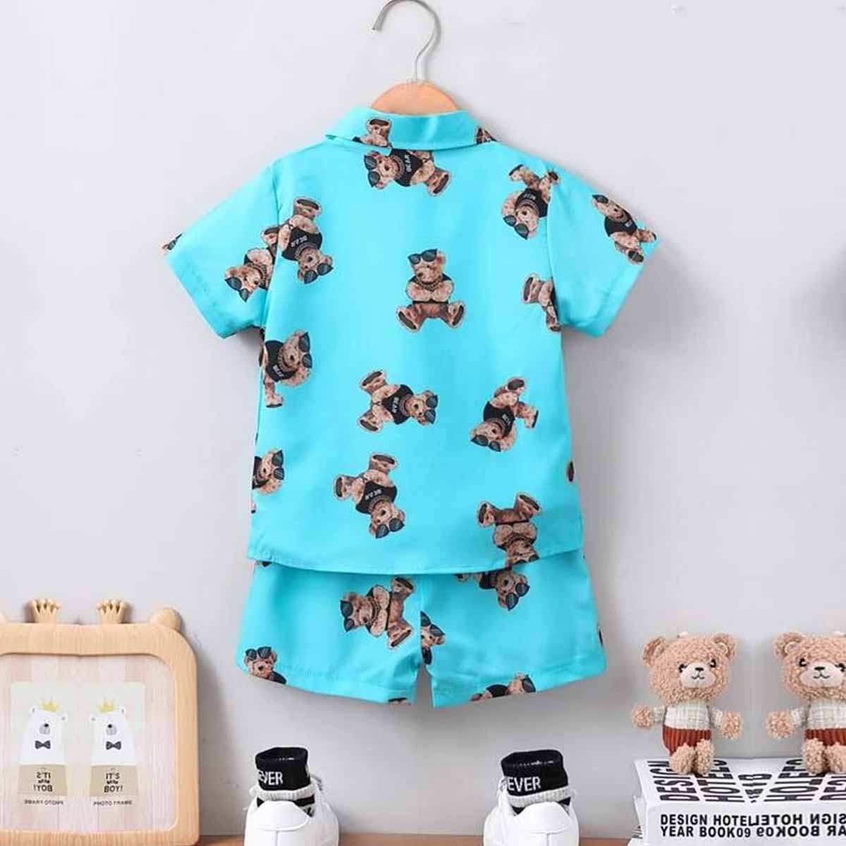 Venutaloza Toddler Boys Bear Graphic Print Shirt & Shorts Without tee Two Piece Set.