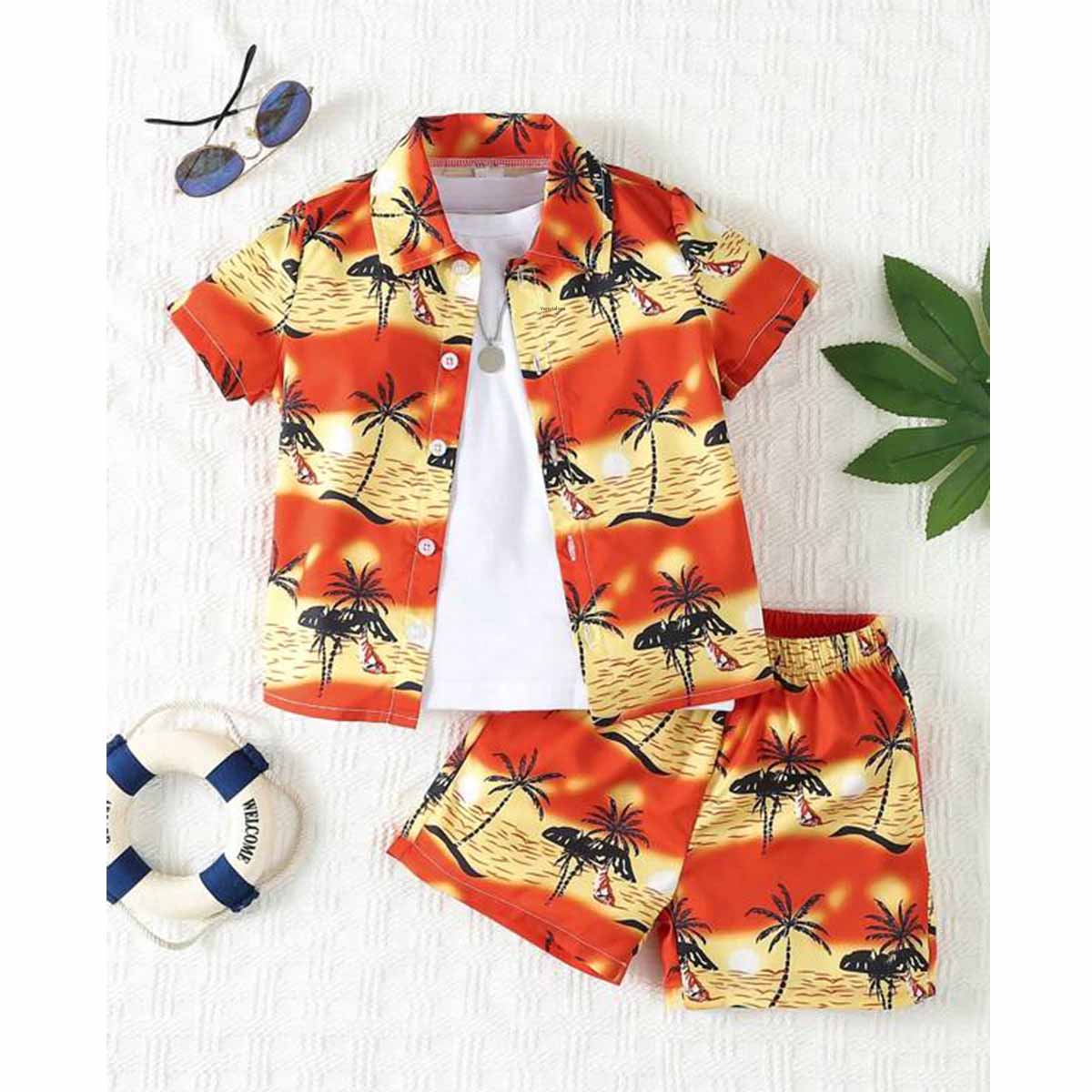 Venutaloza Kids Sunshine Tropical Print Shirt & Shorts Without tee Two Piece Set.