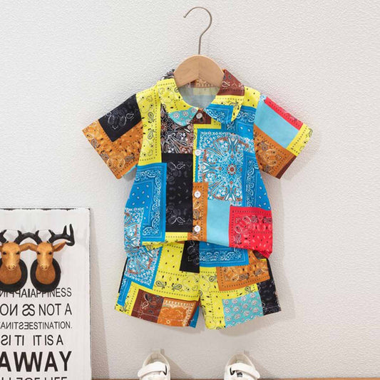 Venutaloza Toddler Boys Sunshine Patchwork Shirt & Shorts Without tee Two Piece Set.