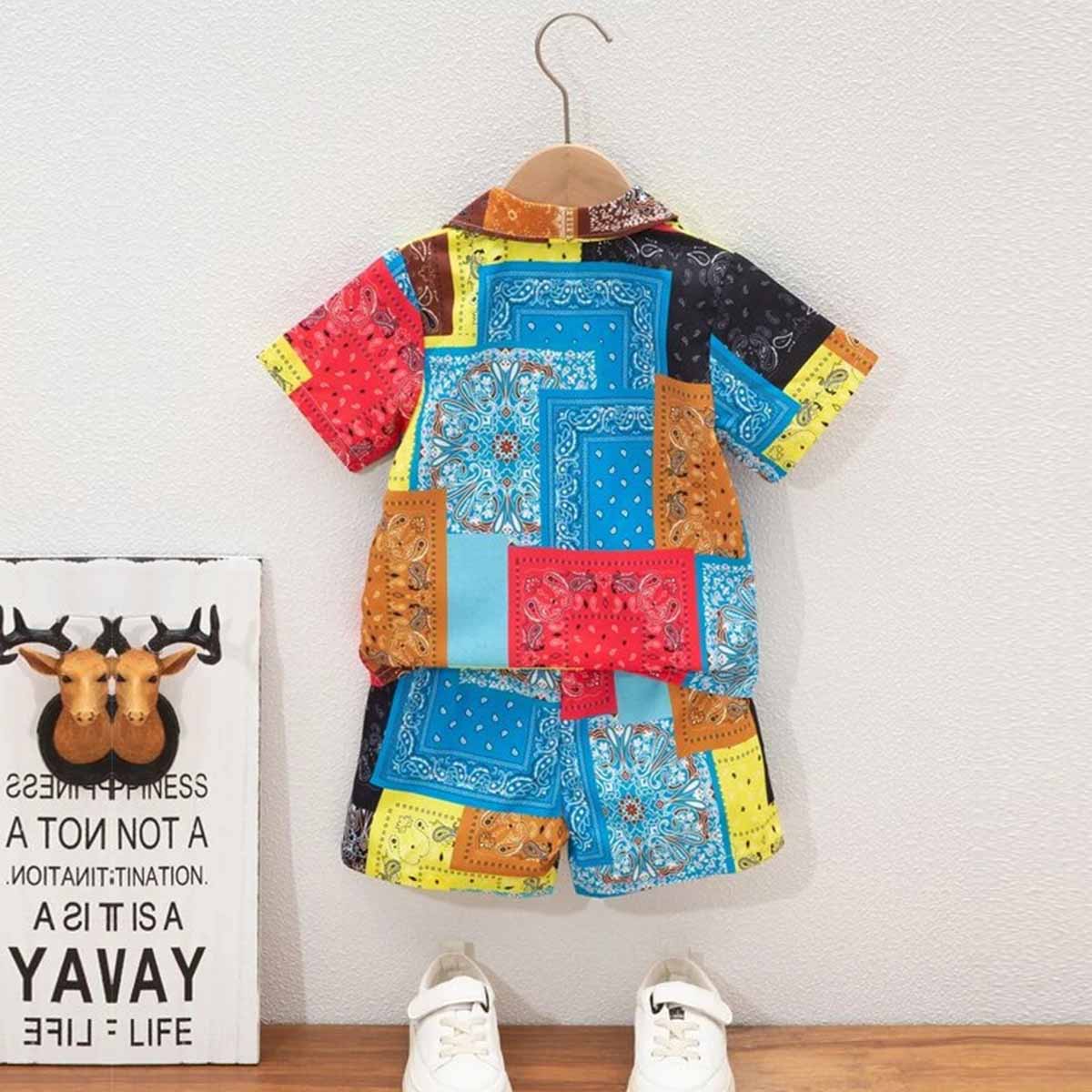 Venutaloza Toddler Boys Sunshine Patchwork Shirt & Shorts Without tee Two Piece Set.