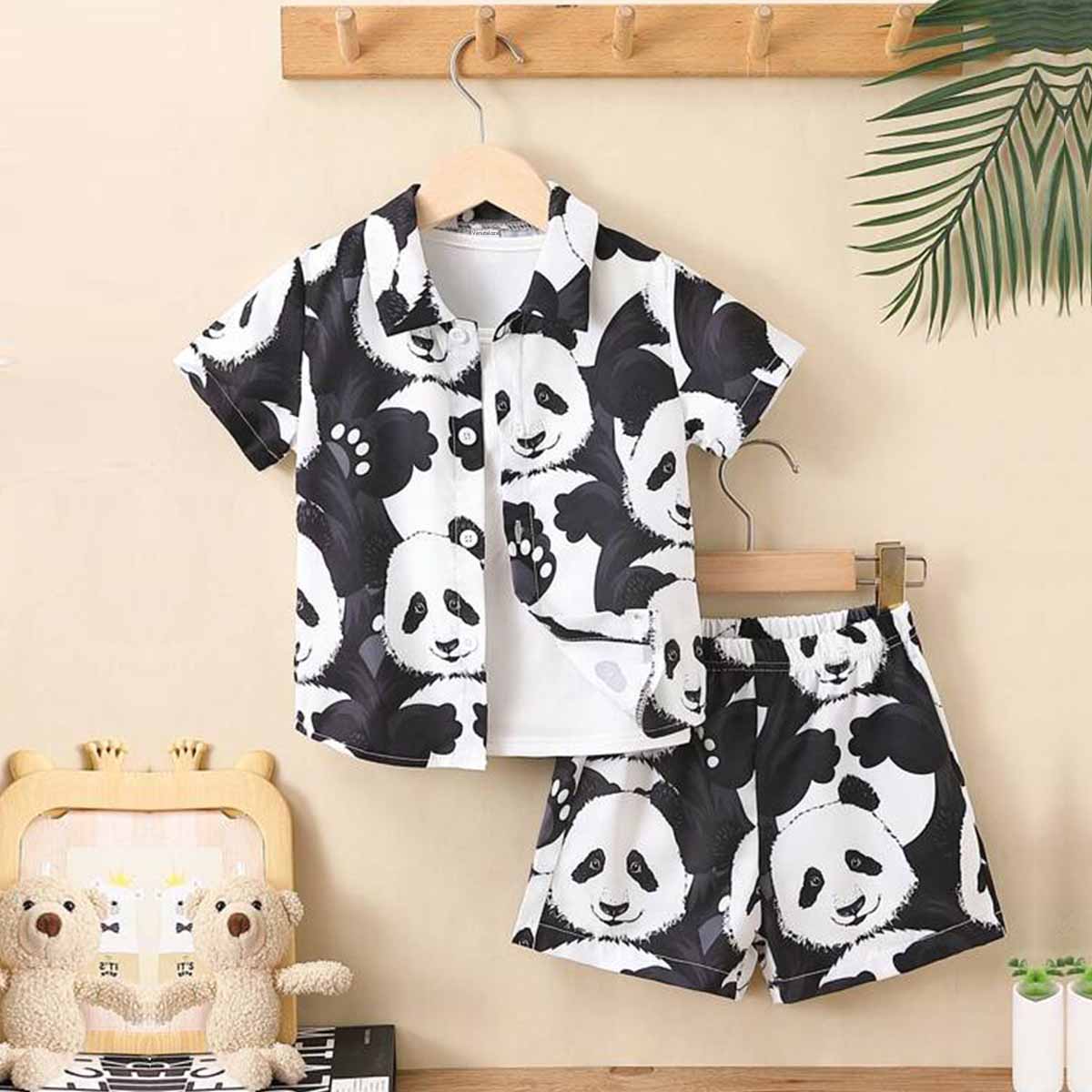 Venutaloza Kids Black & White Cartoon Panda Print Turn Down Collar Shirt & Shorts Without tee Two Piece Set.