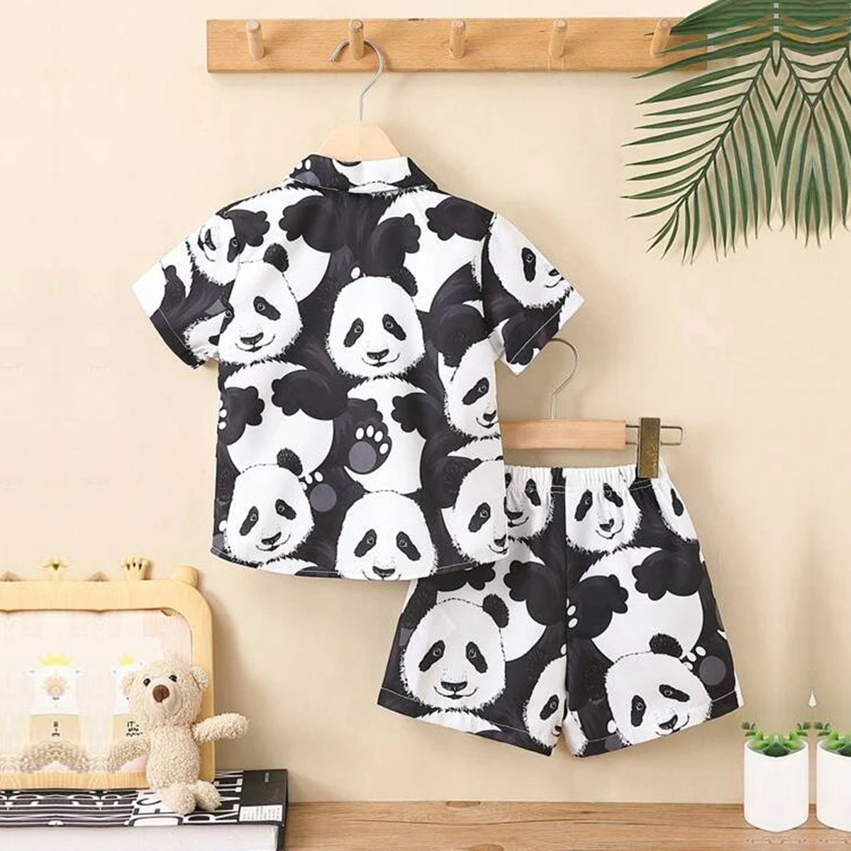 Venutaloza Kids Black & White Cartoon Panda Print Turn Down Collar Shirt & Shorts Without tee Two Piece Set.