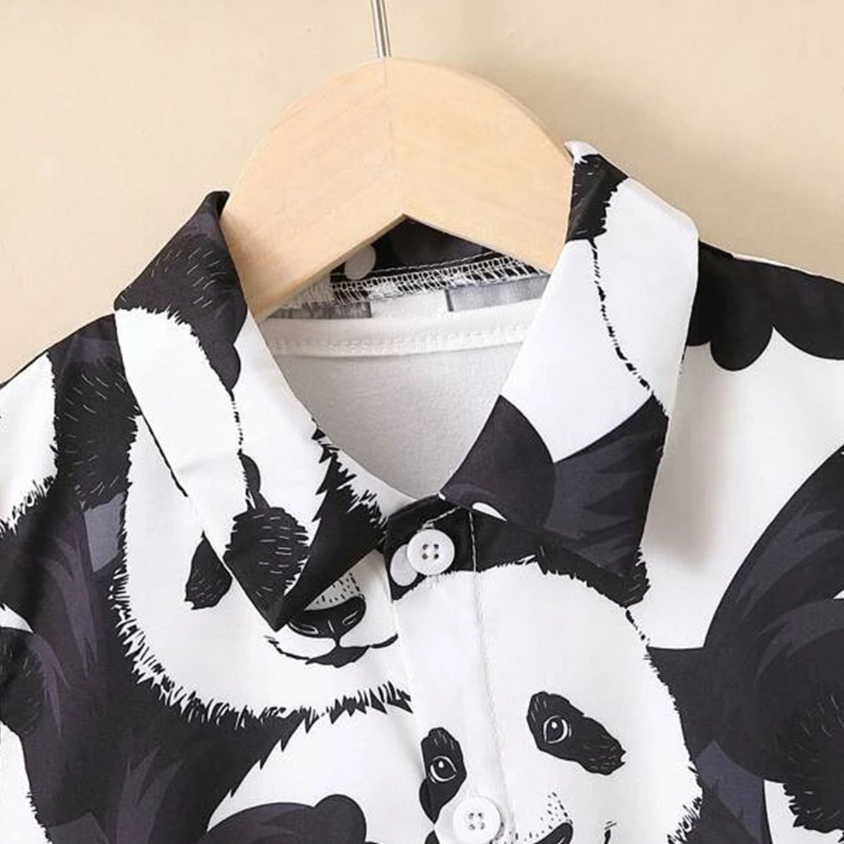Venutaloza Kids Black & White Cartoon Panda Print Turn Down Collar Shirt & Shorts Without tee Two Piece Set.