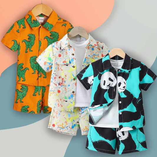 Venutaloza Baby Set Panda & Dinosaur-Apricot-Colored (Combo Pack Of 3) Casual Printed Shirt & Shorts Without tee Two Piece Set For Boy & Girls.