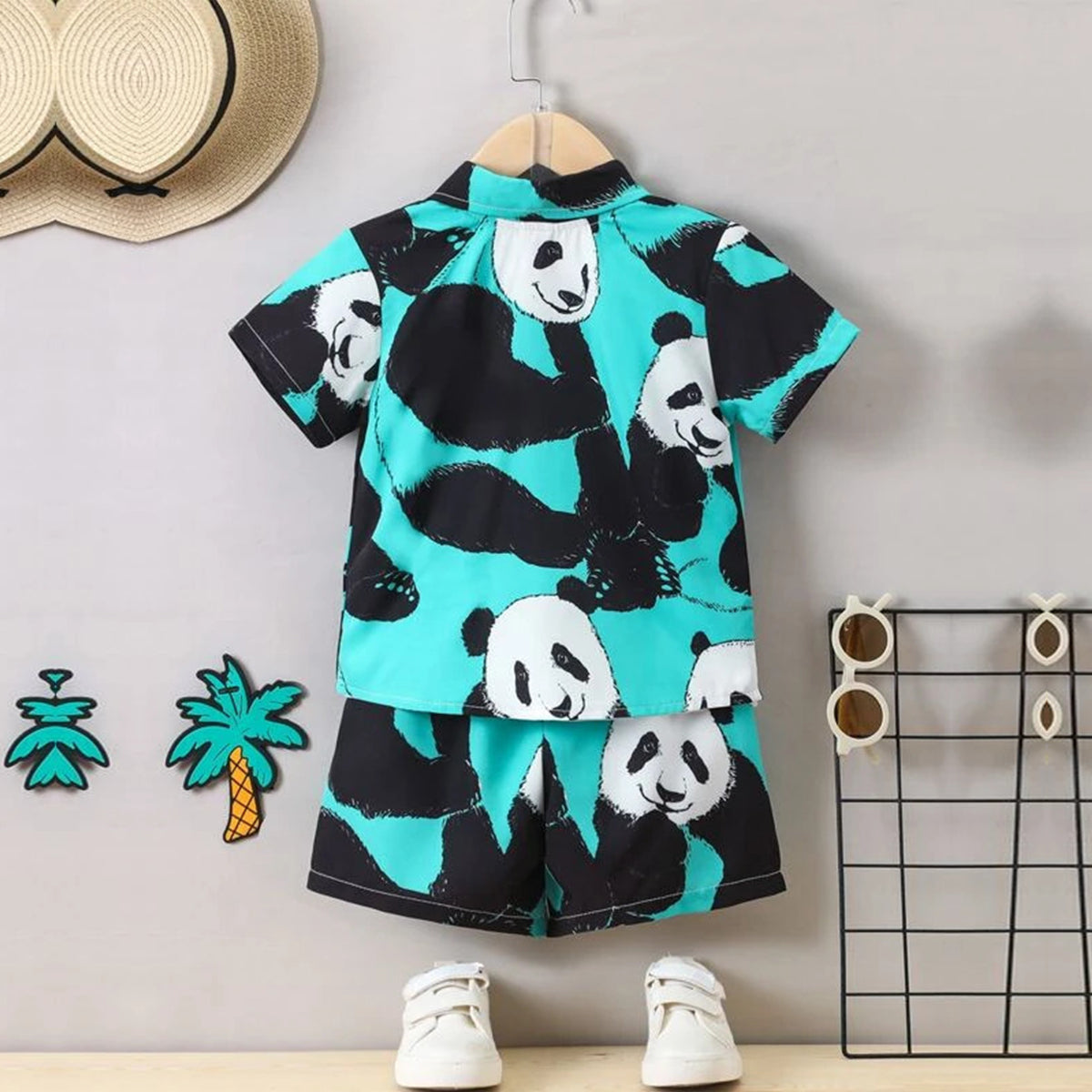 Venutaloza Kids Cartoon Panda Print Turn Down Collar Shirt & Shorts Without tee Two Piece Set.