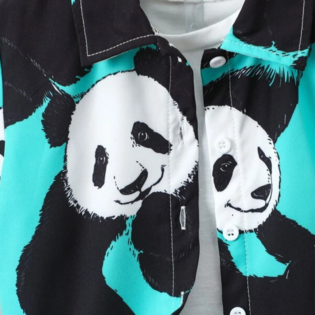 Venutaloza Kids Cartoon Panda Print Turn Down Collar Shirt & Shorts Without tee Two Piece Set.