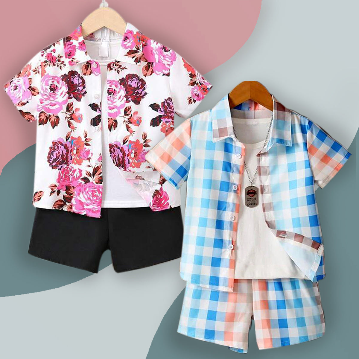 Venutaloza Baby Set Florals & Sunshine Plaid Turn Down Collar (Combo Pack Of 2) Shirt & Shorts Without tee Two Piece Set For Boy & Girls.