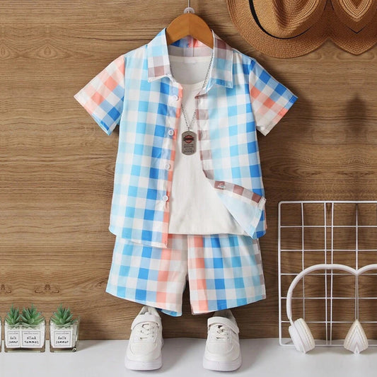 Venutaloza Kids Sunshine Plaid Turn Down Collar Shirt & Shorts Without tee Two Piece Set.