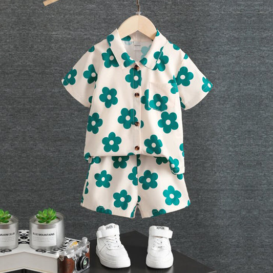 Venutaloza kids Sunshine Young Boy Casual Flower Short Sleeve Button Down Shirt & Shorts Without tee Two Piece Set.
