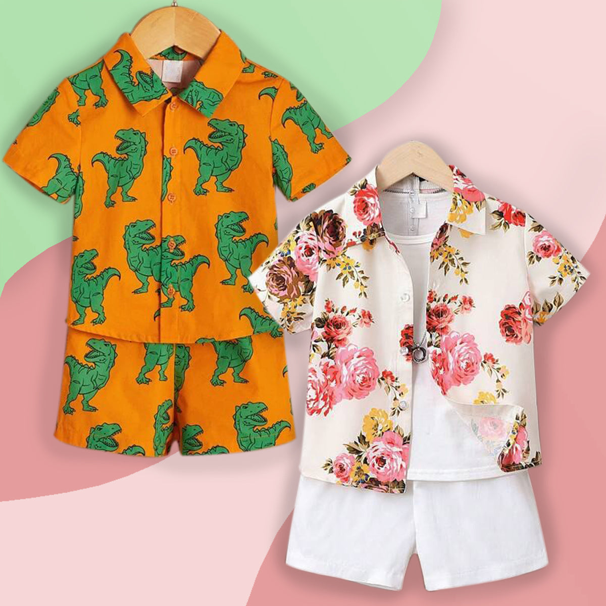 Venutaloza Baby Set Floral & Dinosaur (Combo Pack Of 2) Shirt & Shorts Without tee Two Piece Set For Boy & Girls.
