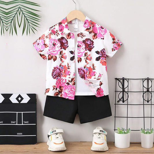 Venutaloza Kids Floral Print Turn Down Collar Shirt & Shorts Without tee Two Piece Set.