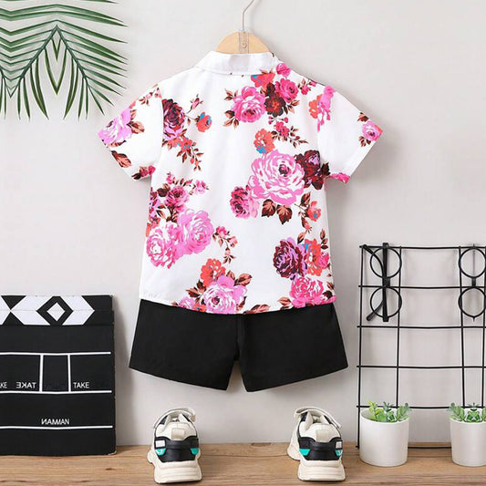 Venutaloza Kids Floral Print Turn Down Collar Shirt & Shorts Without tee Two Piece Set.