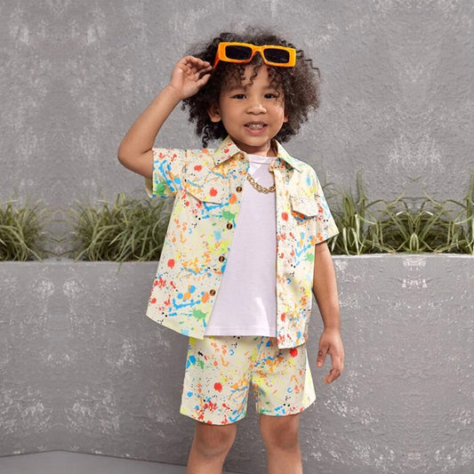 Venutaloza Kids Apricot-Colored Casual Printed Shirt & Shorts Without tee Two Piece Set.