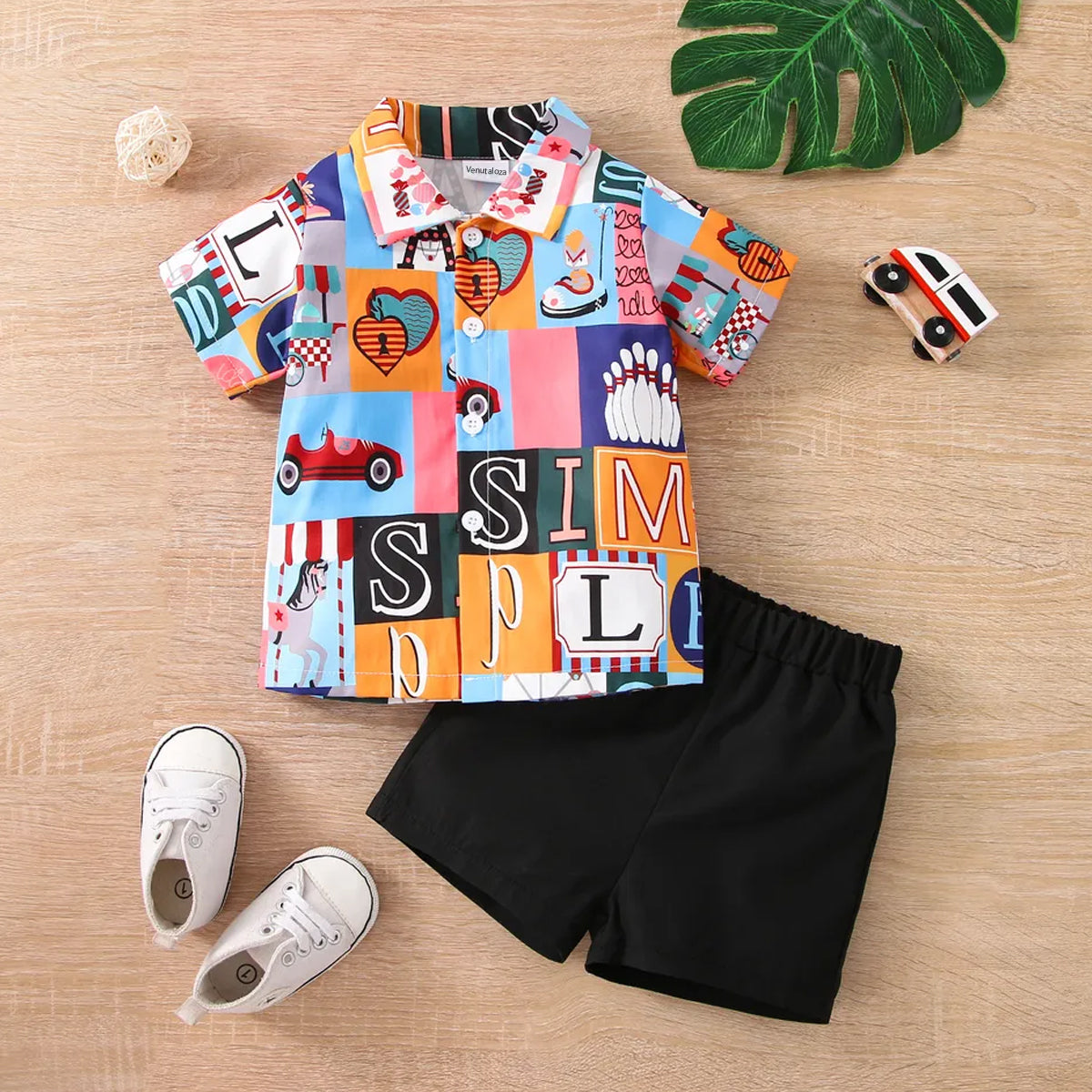Venutaloza Kids Casual Letters Shirt & Shorts Without tee Two Piece Set.