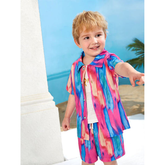Venutaloza Kids 1pc Tie Dye Turn Down Collar Shirt & Shorts Without tee Two Piece Set.