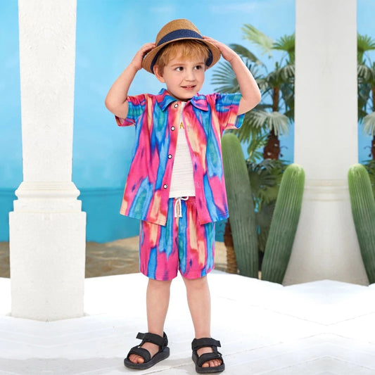 Venutaloza Kids 1pc Tie Dye Turn Down Collar Shirt & Shorts Without tee Two Piece Set.