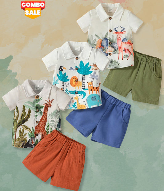 Venutaloza Baby Set Animals Graphic (Combo Pack Of 3) Shirt & Shorts Two Piece Set For Boy & Girls.