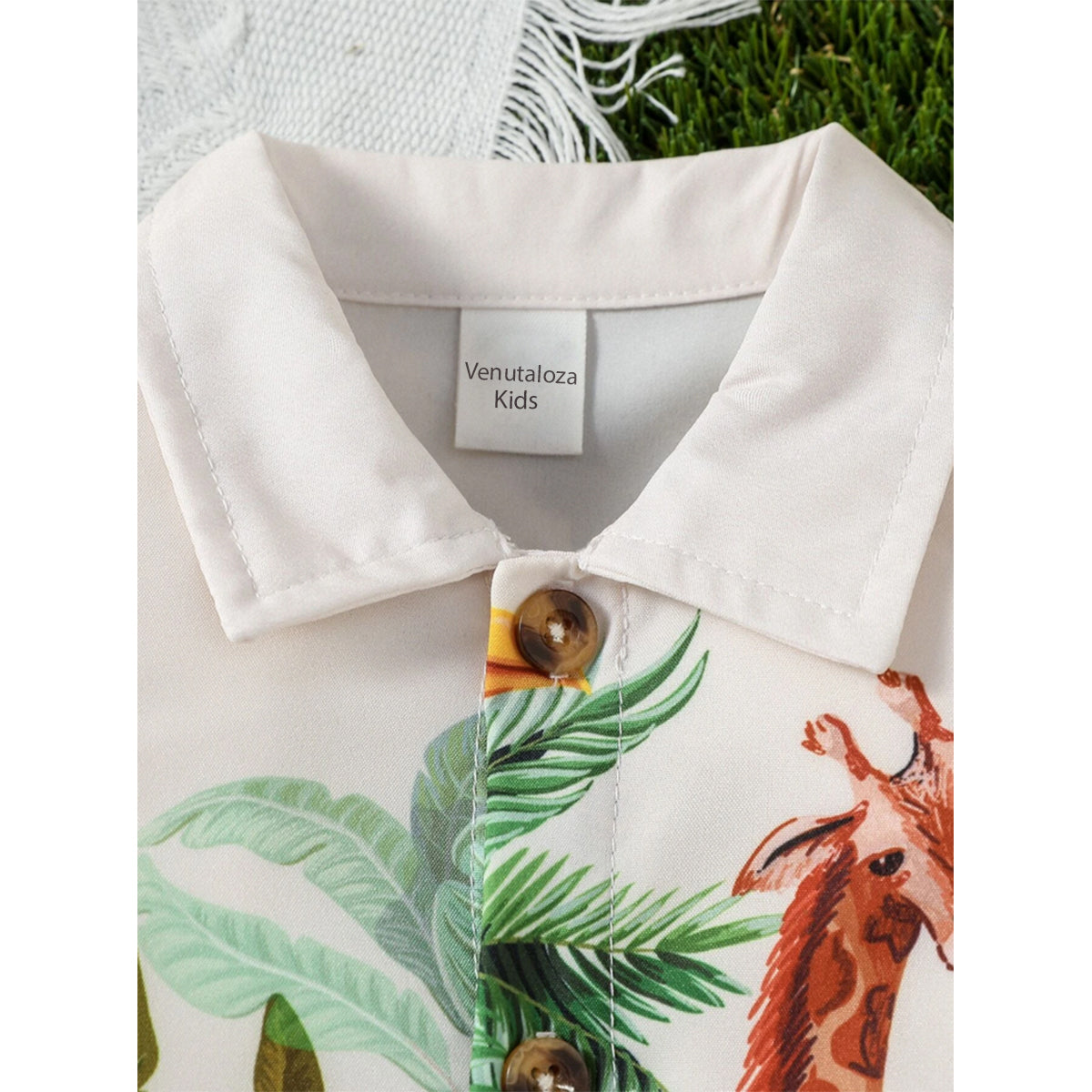 Venutaloza Baby Boy Palm Tree & Animal Printed Short Sleeve Shirt And Shorts Two Piece Set.