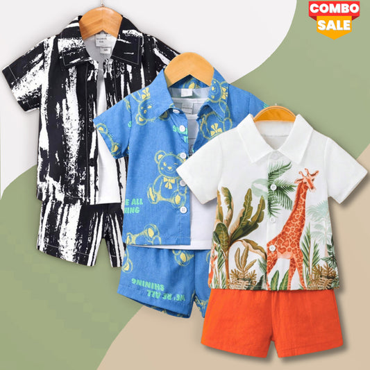 Venutaloza Baby Set Animals & Bear and Black Graphic (Combo Pack Of 3) Shirt & Shorts Without tee Two Piece Set For Boy & Girls.