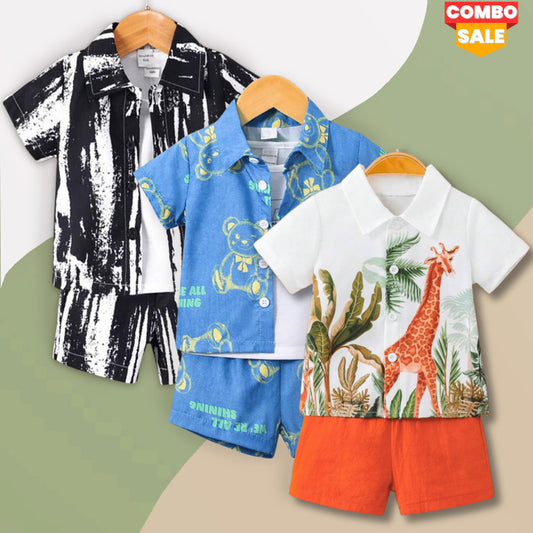 Venutaloza Baby Set Animals & Bear and Black Graphic (Combo Pack Of 3) Shirt & Shorts Without tee Two Piece Set For Boy & Girls.