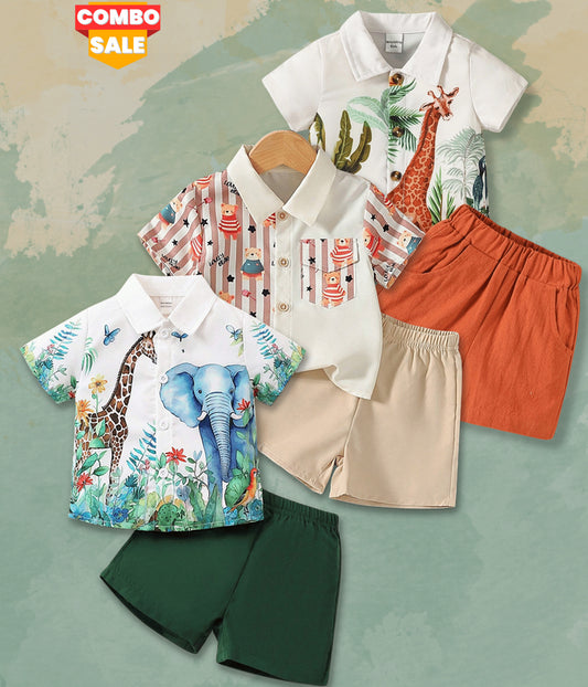 Venutaloza Animals Graphic (Combo Pack Of 3) Shirt & Shorts Two Piece Set For Boy & Girls.