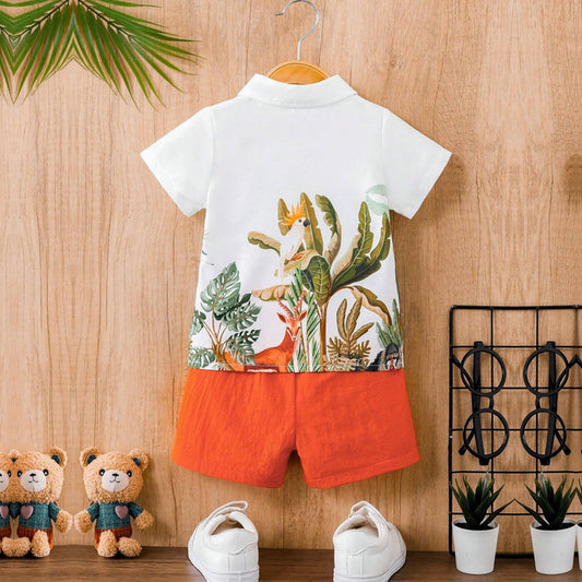 Venutaloza Stylish Kid's Cartoon Animals Tree Print Shirt & Shorts Without Cap & Tee Two Piece Set.