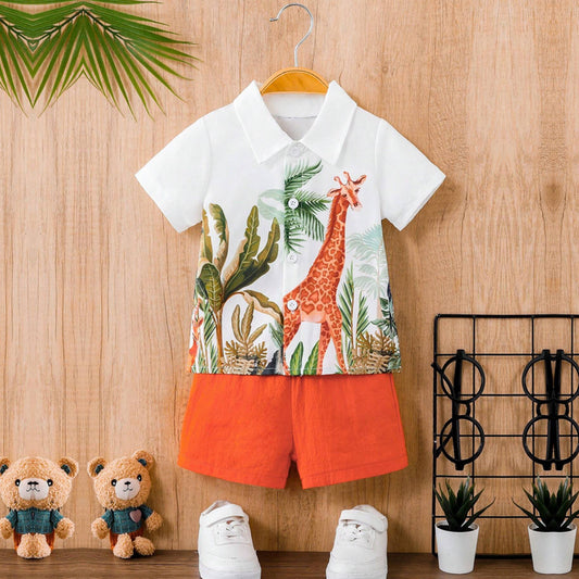 Venutaloza Stylish Kid's Cartoon Animals Tree Print Shirt & Shorts Without Cap & Tee Two Piece Set.