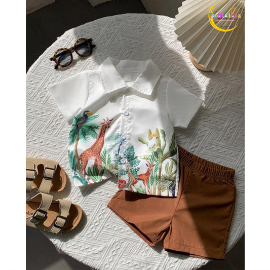 Venutaloza Boy's Animal Jungle Short Sleeve Shirt And Shorts Two Piece Set.