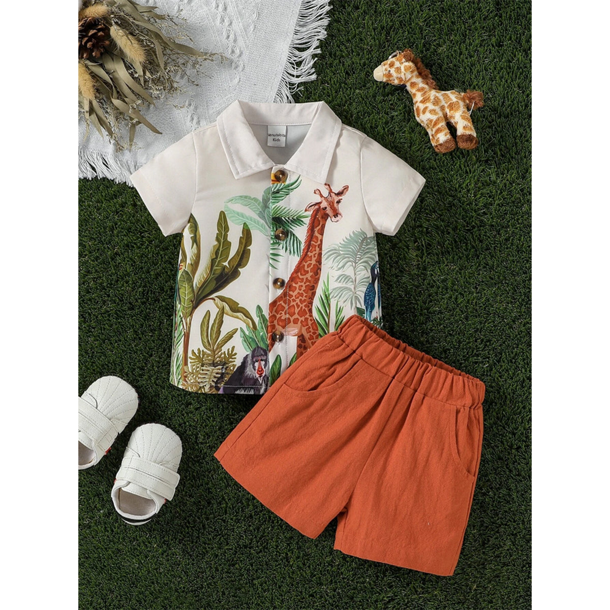 Venutaloza Baby Boy Palm Tree & Animal Printed Short Sleeve Shirt And Shorts Two Piece Set.