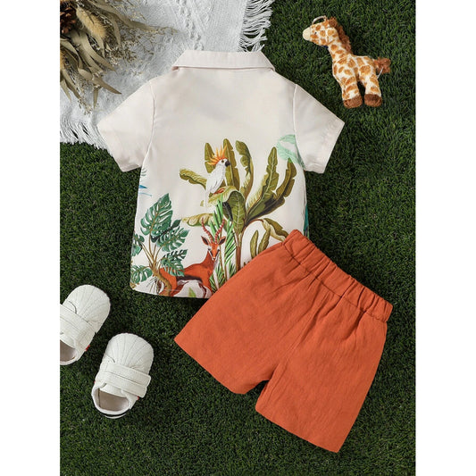 Venutaloza Baby Boy Palm Tree & Animal Printed Short Sleeve Shirt And Shorts Two Piece Set.