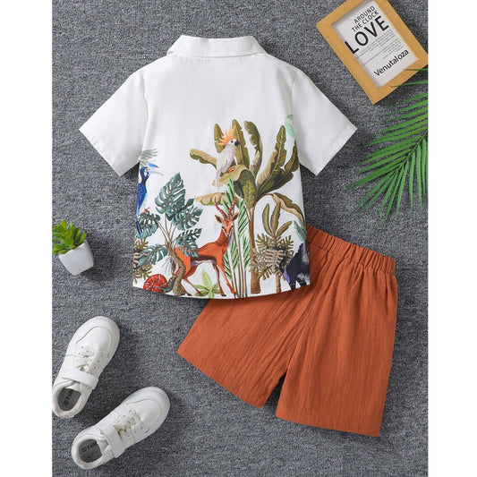 Venutaloza Kids Stylish Animal Jungal theme Short Sleeve Shirt And Shorts Two Piece Set.