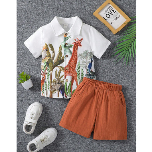 Venutaloza Kids Stylish Animal Jungal theme Short Sleeve Shirt And Shorts Two Piece Set.