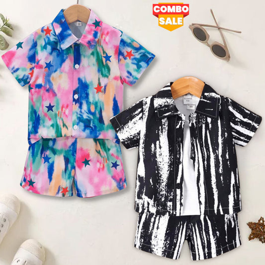 Venutaloza Baby Set Black Brush & Multi Stars (Combo Pack Of 2) Shirt & Shorts Without tee Two Piece Set For Boy & Girls.