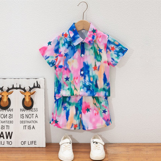 Venutaloza Kids Tie Dye Stars Printed Short Sleeve Shirt And Shorts Without tee Two Piece Set.