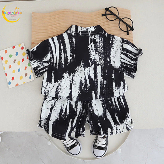 Venutaloza Baby Boy Brush Print Short Sleeve Shirt And Shorts Two Piece Set.