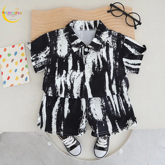 Venutaloza Baby Boy Brush Print Short Sleeve Shirt And Shorts Two Piece Set.