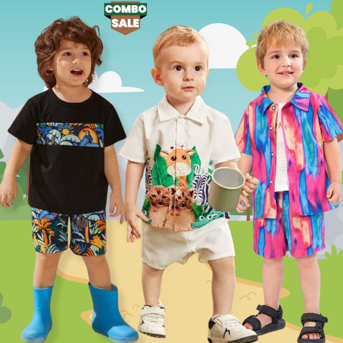 Venutaloza Baby Set Animals & Floral and Multicolor Graphic (Combo Pack Of 3) T-shirt & Shirt & Shorts Without tee Two Piece Set For Boy & Girls.