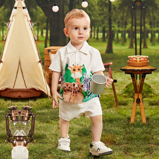 Venutaloza Baby Boy Animal Cartoon Graphic Short Sleeve Shirt And Shorts Two Piece Set.