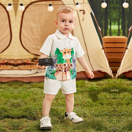Venutaloza Baby Boy Animal Cartoon Graphic Short Sleeve Shirt And Shorts Two Piece Set.