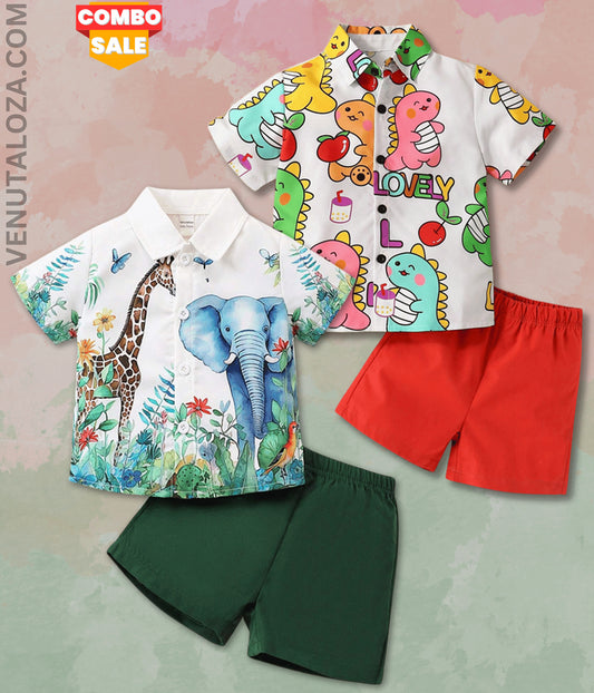 Venutaloza Jungal Theme & Dinosaur Combo Pack Of 2) Shirt & Shorts Without tee Two Piece Set For Boy & Girls.